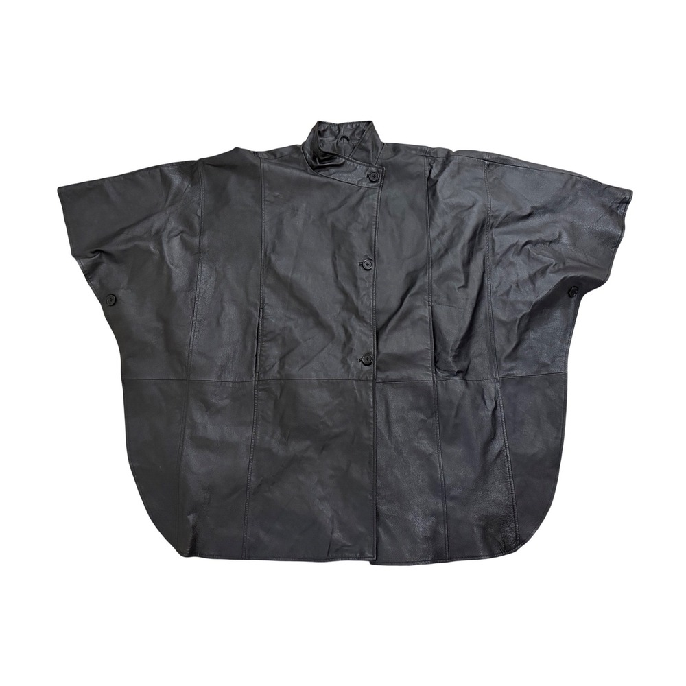 Veranesi Leather Cape Poncho Womens Black Button Front Collared Size m/1X Rare